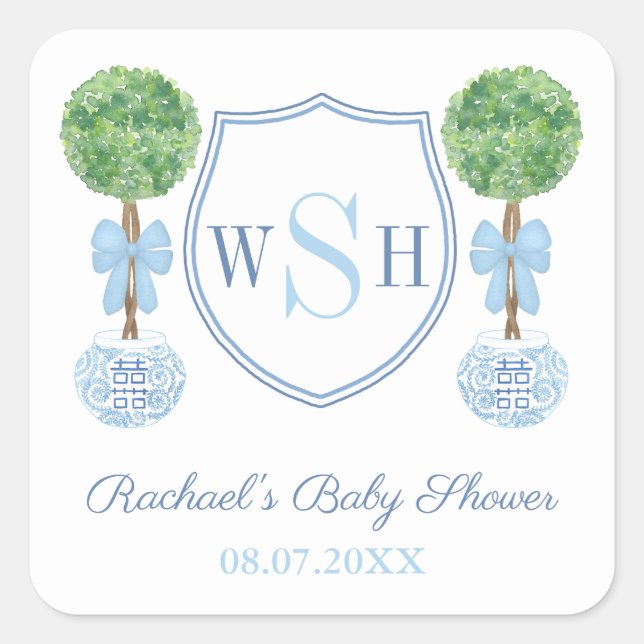 Smart Family Monogram Crest Boxwood Topiary Favor Square Sticker (Front)