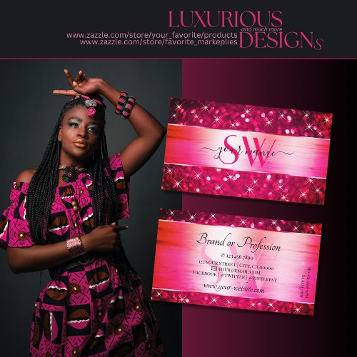 Smart Girly Pink Glitter Luminous Stars Initials Business Card