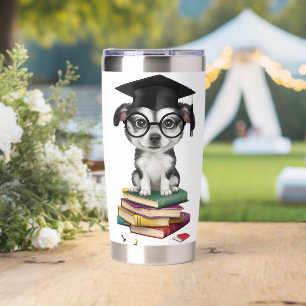 Smart Graduation Dog Sticker – Cute Pup with Glass Insulated Tumbler