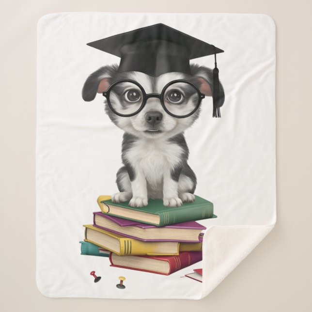 Smart Graduation Dog Sticker – Cute Pup with Glass Sherpa Blanket (Front)