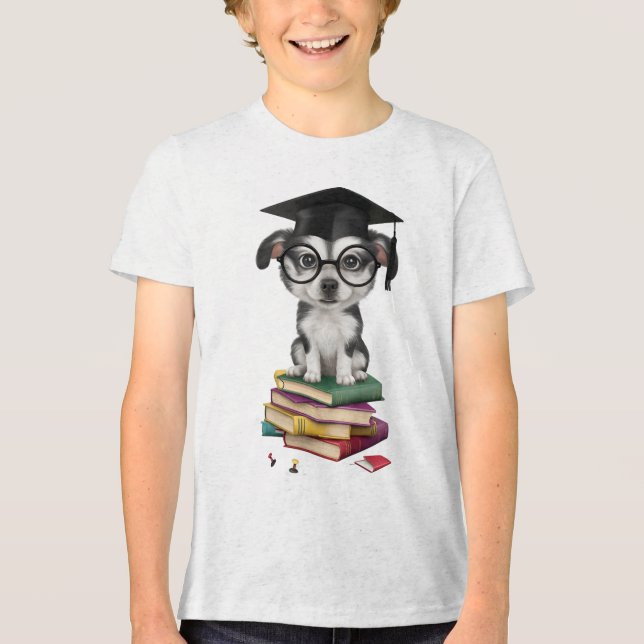 Smart Graduation Dog Sticker – Cute Pup with Glass Tri-Blend Shirt (Front)
