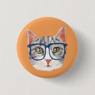 Smart Grey Hipster Tabby Cat Wearing Glasses Pinback Button