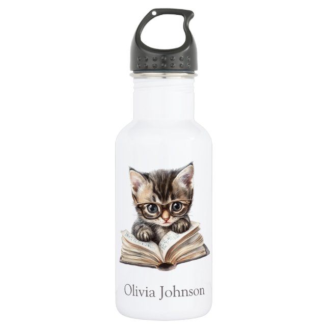 Smart Kitten with Glasses Custom Name Stainless Steel Water Bottle (Front)