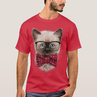 Smart Looking Siamese Cat, Nerd Eyeglass, Bow Tie T-Shirt