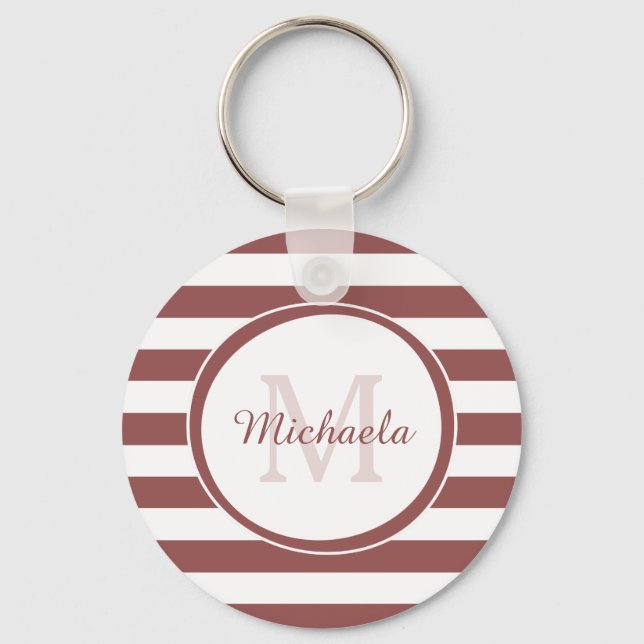 Smart Marsala Red Monogram Even Stripes and Name Keychain (Front)