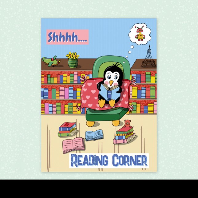 Smart Penguin | Classroom Library Reading Poster (Classroom or elementary school library reading poster featuring a penguin with a book .)