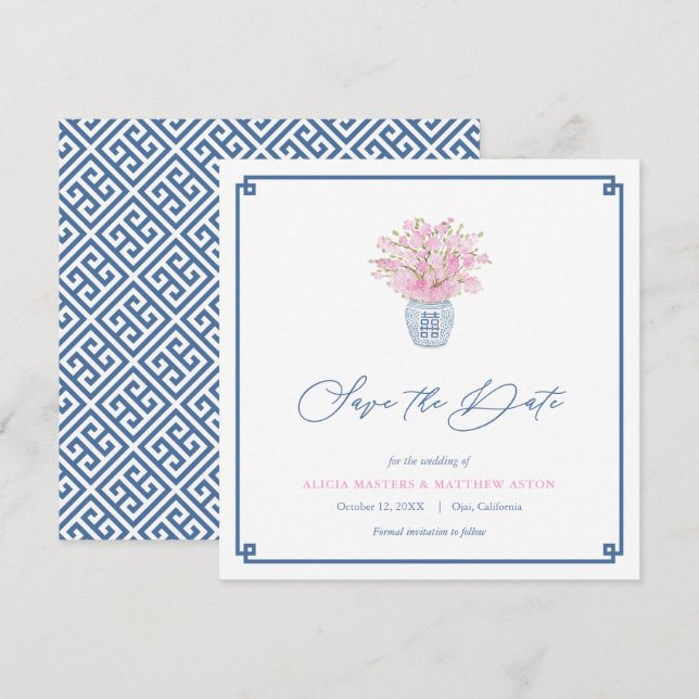 Smart Pink Navy Blue Chinoiserie Vase Wedding Save The Date (Front/Back)