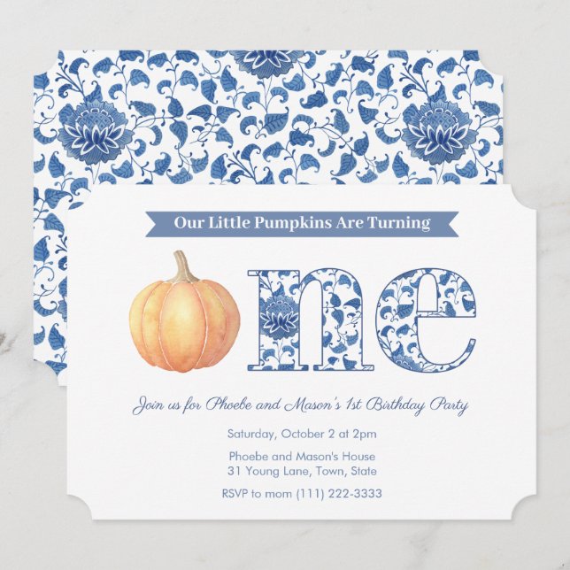 Smart Pumpkin Twins 1st Birthday Party Invitation (Front/Back)