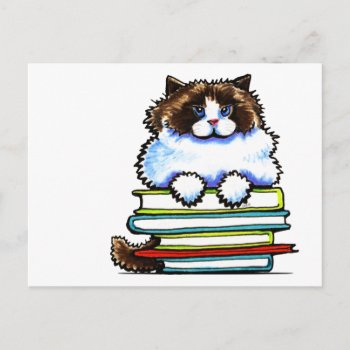 Smart Ragdoll Kitty Books Postcard by offleashart at Zazzle