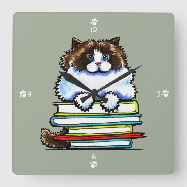 Smart Ragdoll Kitty Books Square Wall Clock (Front)