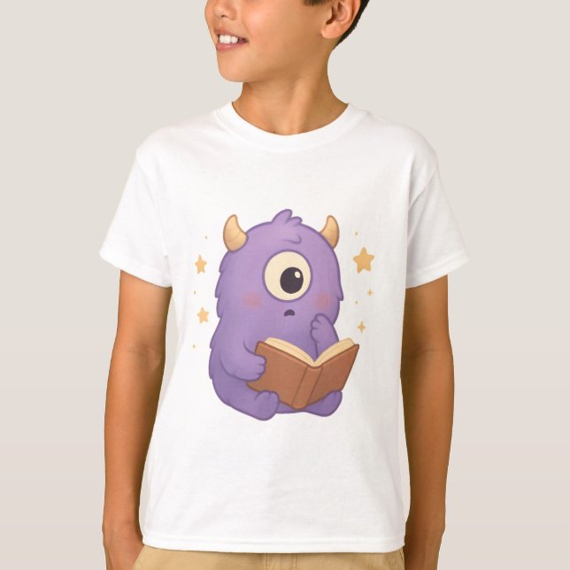 Smart Reading Monster — Purple Book Lover Kids Tee (Front)