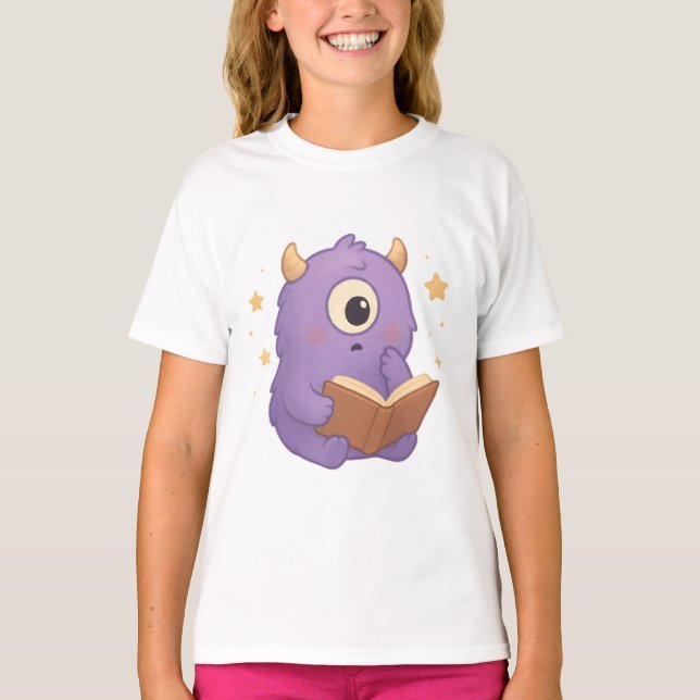 Smart Reading Monster — Purple Book Lover Kids Tee (Front)