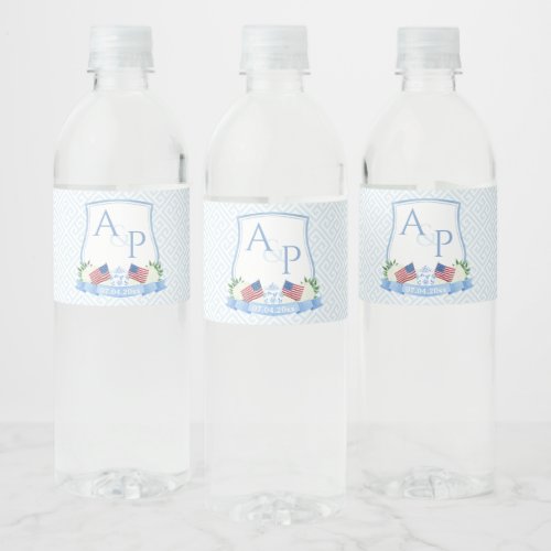 Smart Red White Blue Couples Crest Wedding Shower Water Bottle Label