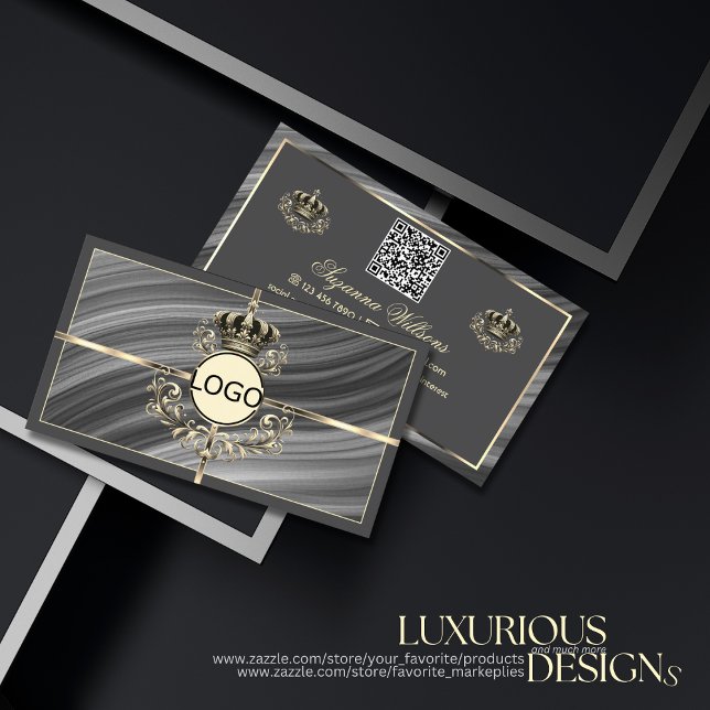 Smart Royal Gray Gold Crown with Logo and QR Code Business Card (Creator Uploaded)
