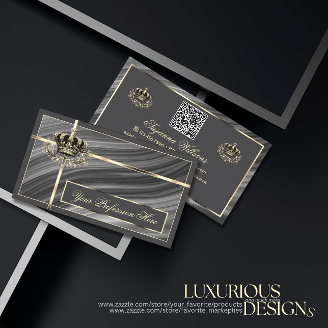 Smart Royal Gray Gold Crown with QR Code Sumptuous Business Card (Creator Uploaded)
