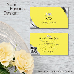 Smart Silver Corners on Yellow Monogram QR Code Business Card