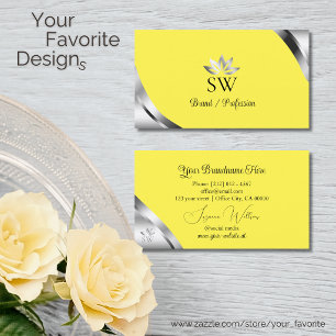 Smart Silver Corners on Yellow with Leafy Monogram Business Card