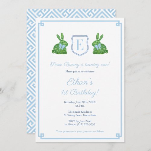 Smart Some Bunny Is One Boy 1st Birthday Party Invitation - This smart  invitation design features a single letter monogram flanked by two bunny rabbits in Boxwood topiary adorned with floppy blue bows. Shown here for a 1st birthday party but all of the text is customizable to your event. Watercolor elements were painted by me onto 100% cotton paper and scanned into digital form. The crest shape is by another artist. Please note you can change the color of the Greek Key border on the front and the pattern on the back (both currently a pale blue) by changing the background color on each side. This can be done inside the design tool (underneath the text customization boxes, please click to access the design tool).