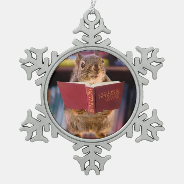 Smart Squirrel Reading a Dictionary Snowflake Pewter Christmas Ornament (Front)