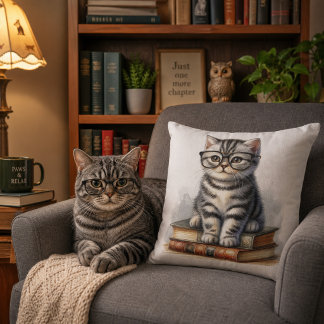  Smart Tabby Cat on Books Animal Lovers  Throw Pillow