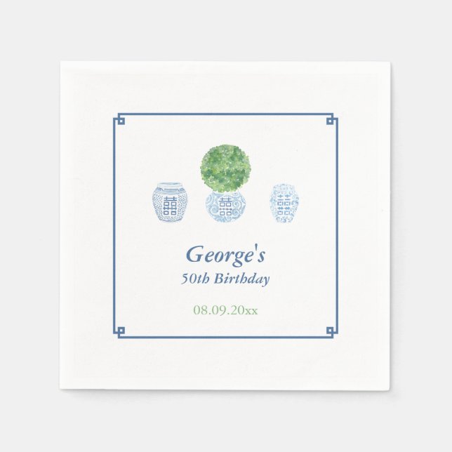 Smart Topiary Blue And Green Adult Birthday Party Napkins (Front)
