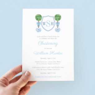 Smart Topiary Monogram Boy Christening Party Invitation