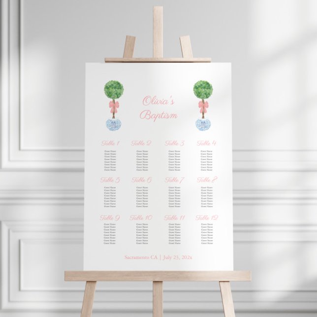 Smart Topiary Pink Bow Girl Baptism Seating Chart Foam Board (12 tables seating chart for wedding, baptism or baby girl shower, features topiary with pink bow)