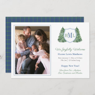 Smart Winter Blue Green Photo Baby Boy Birth Announcement