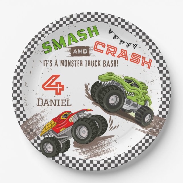 Smash and Crash Monster Truck 4th Birthday Party Paper Plates (Front)