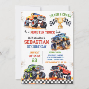 Smash & Crash It's Monster Truck Bash Boy Birthday Invitation