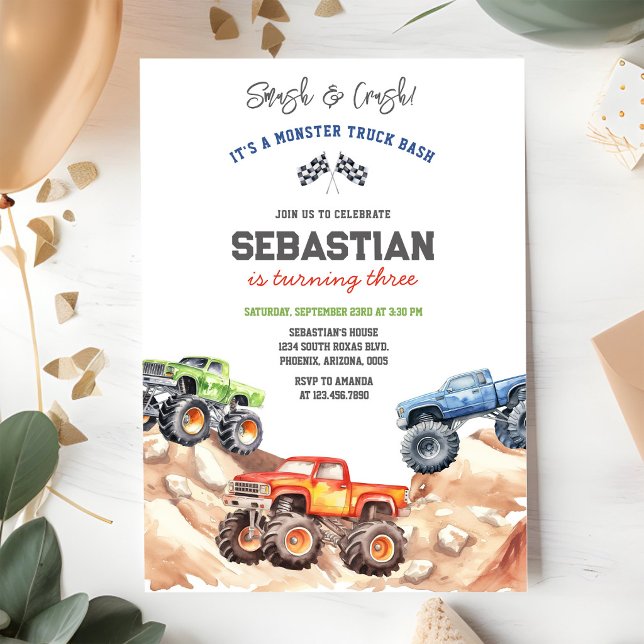 Smash & Crash It's Monster Truck Bash Boy Birthday Invitation (Creator Uploaded)