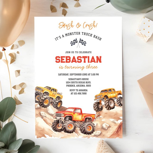 Smash & Crash It's Monster Truck Bash Boy Birthday Invitation (Creator Uploaded)