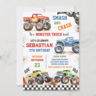 Smash & Crash It's Monster Truck Bash Boy Birthday Invitation