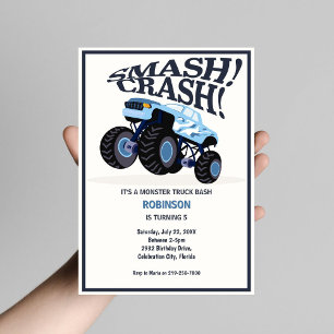 Smash Crash-Modern Blue Monster Truck Birthday Invitation