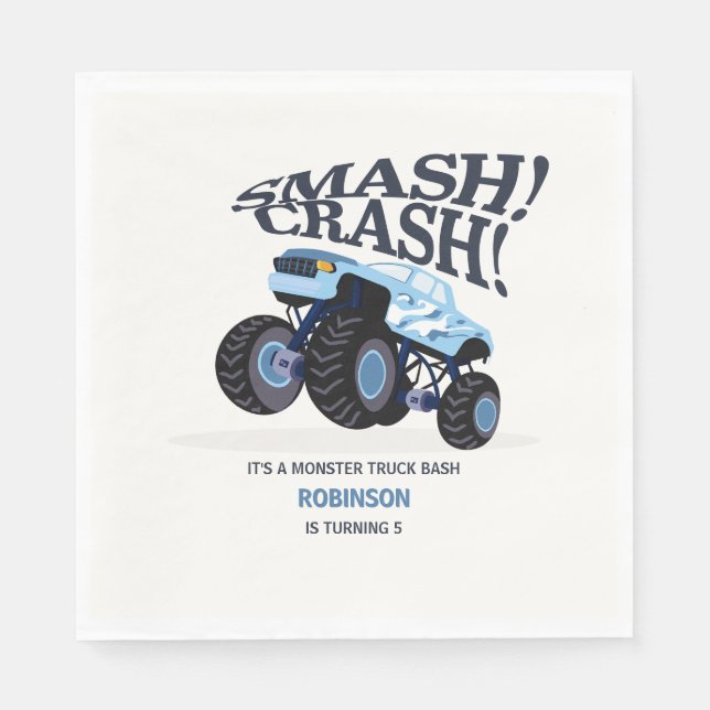 Smash Crash - Modern Blue Monster Truck Birthday Napkins (Front)