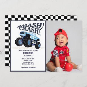Smash Crash- Modern Blue Monster Truck Photo Invitation