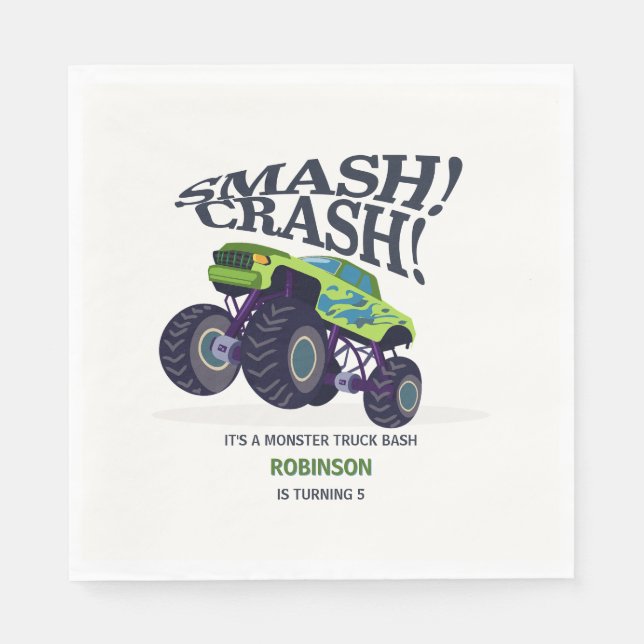 Smash Crash - Modern Green Monster Truck Birthday  Napkins (Front)
