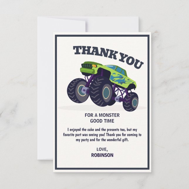Smash Crash- Modern Green Monster Truck Birthday Thank You Card (Front)