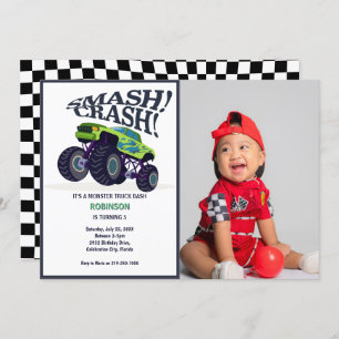 Smash Crash- Modern Green Monster Truck Photo Invitation