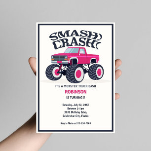 Smash Crash - Modern Pink Monster Truck Birthday Invitation