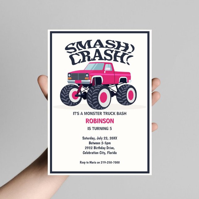 Smash Crash - Modern Pink Monster Truck Birthday Invitation (Creator Uploaded)