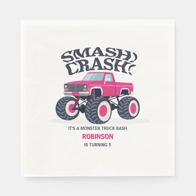 Smash Crash - Modern Pink Monster Truck Birthday Napkins (Front)