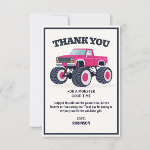 Smash Crash- Modern Pink Monster Truck Birthday Thank You Card