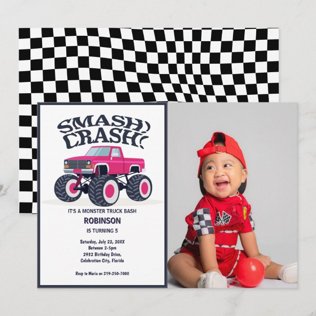 Smash Crash- Modern Pink Monster Truck Photo Invitation (Front/Back)