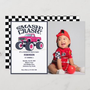 Smash Crash- Modern Pink Monster Truck Photo Invitation