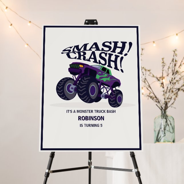 Smash Crash- Modern Purple Monster Truck Birthday  Foam Board (In Situ (Stand))