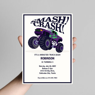 Smash Crash- Modern Purple Monster Truck Birthday Invitation