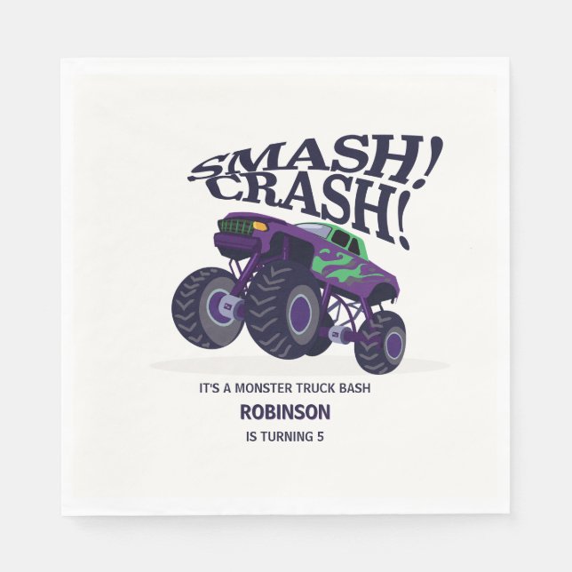 Smash Crash- Modern Purple Monster Truck Birthday  Napkins (Front)