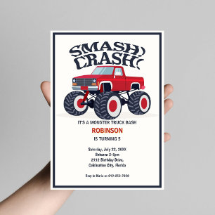 Smash Crash - Modern Red Monster Truck Birthday Invitation