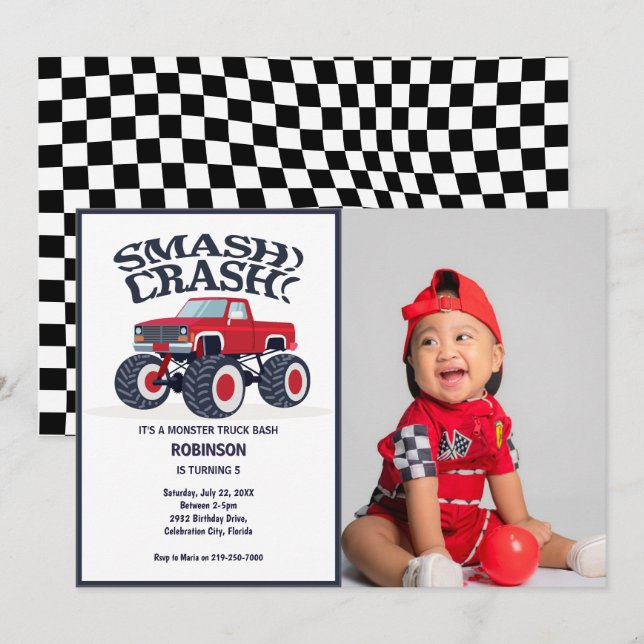Smash Crash- Modern Red Monster Truck Photo Invitation (Front/Back)